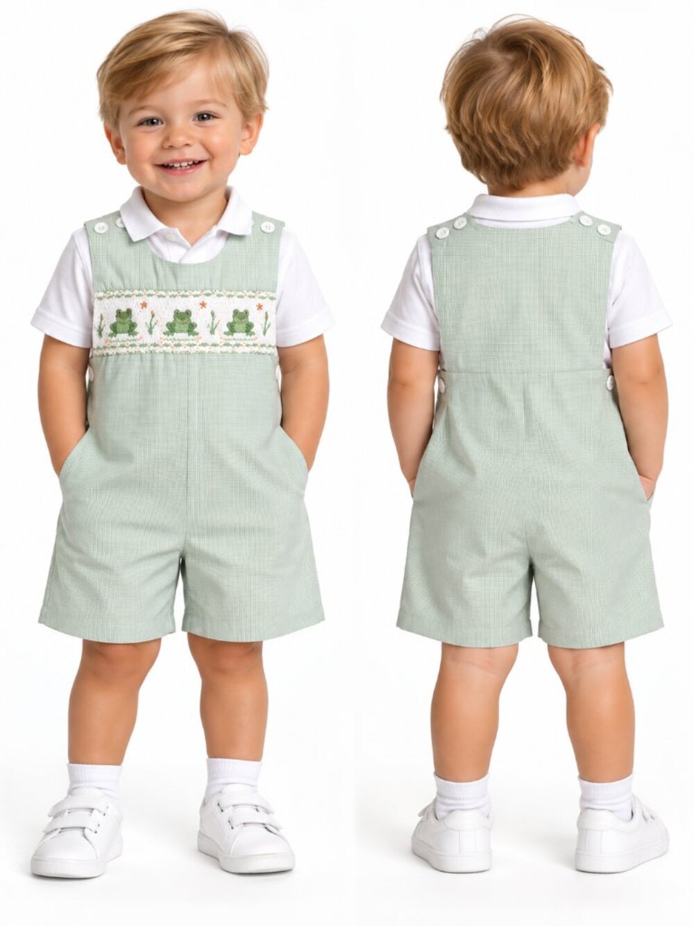 Orient Express Sz 3T Boys Frog Smocked Gingham Jon Jon Romper Preppy Classic